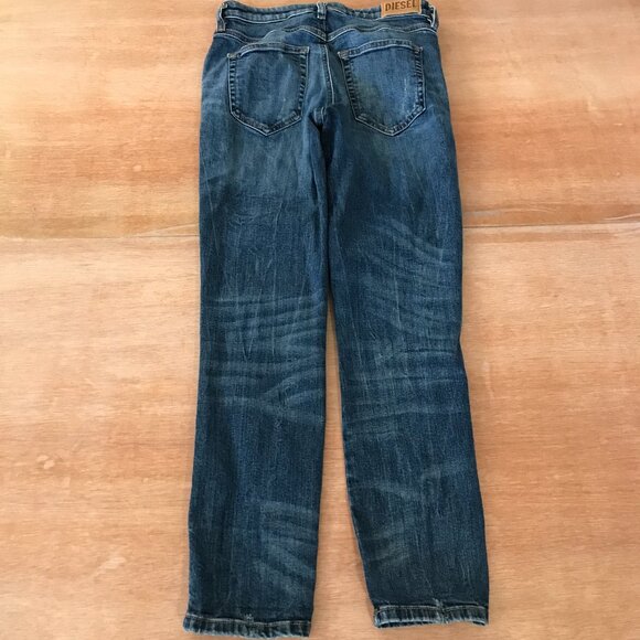 Diesel Babhila Skinny Cowhide Leather Jeans Women 25x30 Blue Button Fly Distress - Picture 2 of 12